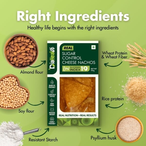 DiaHealth Cheese Nachos, Low GI 19, Sugar Control Snack, Almond Flour, Soy Flour, Resistant Starch, Rice Protein, Wheat Fiber, Psyllium Husk
