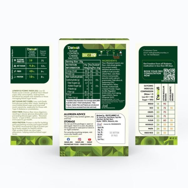 DiaHealth Cheese Nachos, Low GI 19, Nutrition Label, Ingredients, High Fiber 40%, Protein 18%, Net Sugar 8.9%, Diabetic Friendly Chips