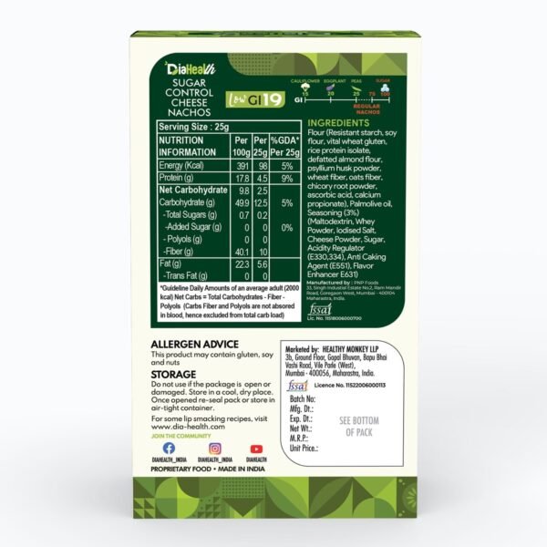 DiaHealth Cheese Nachos, Low GI 19, Nutrition Facts, Ingredients, High Protein 18%, High Fiber 40%, Net Carbs 9.8%, Diabetic Friendly Snack