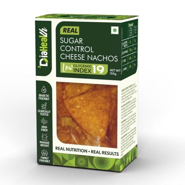 DiaHealth Cheese Nachos, Sugar Control Snack, Low GI 19, Diabetic Friendly Nachos, High Fiber Chips, Healthy Low Carb Snack