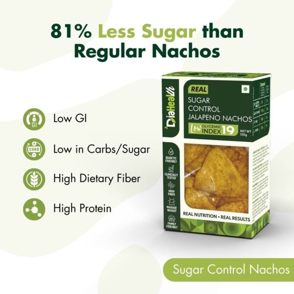 DiaHealth Jalapeno Nachos, Sugar Control Snack, Low GI 19, 81% Less Sugar, Diabetic Friendly Chips, High Fiber Nachos, Low Carb Nachos