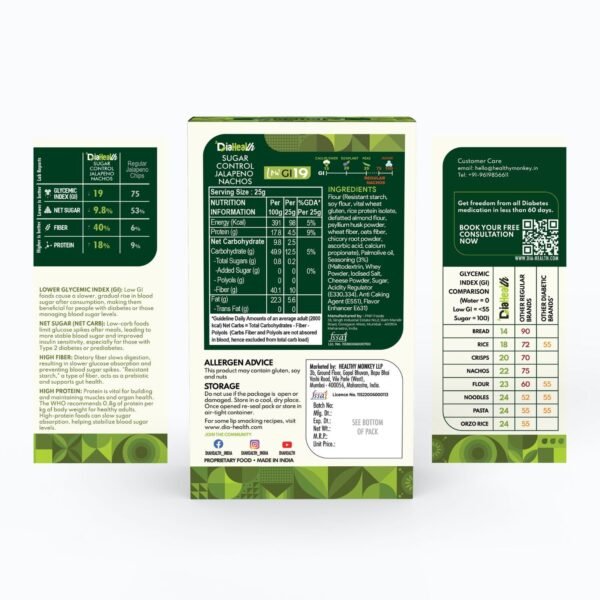 DiaHealth Jalapeno Nachos, Low GI 19, Nutrition Label, Ingredients, High Fiber 40%, Protein 18%, Net Sugar 8.9%, Diabetic Friendly Snack