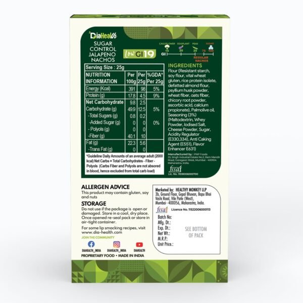 DiaHealth Jalapeno Nachos, Low GI 19, Nutrition Facts, Ingredients, High Fiber 40%, Protein 18%, Net Carbs 9.8%, Diabetic Friendly Snack