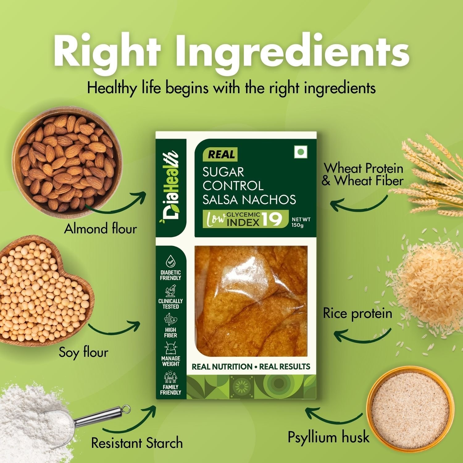 DiaHealth Salsa Nachos, Low GI 19, Sugar Control Snack, Almond Flour, Soy Flour, Resistant Starch, Rice Protein, Wheat Fiber, Psyllium Husk