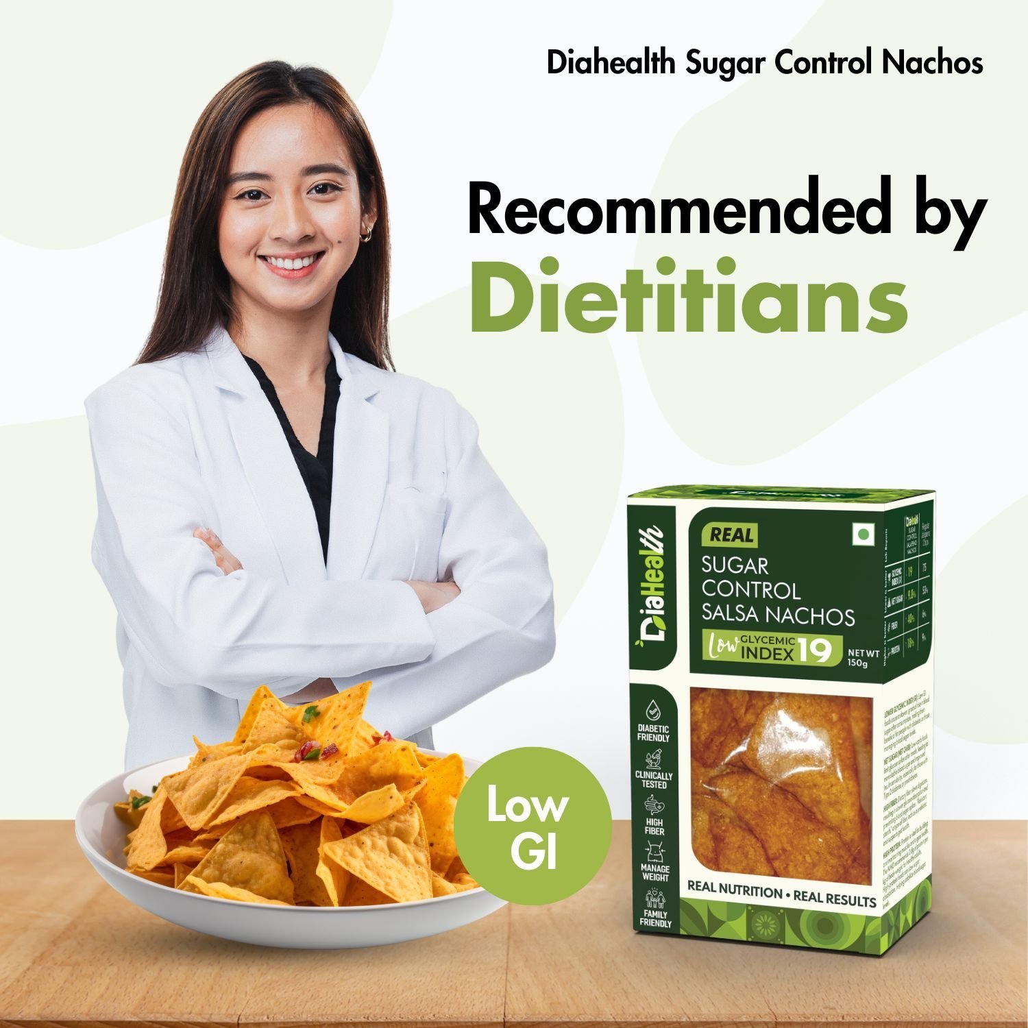 Dietitian recommended nachos, low GI snack, diabetic-friendly chips, healthy salsa nachos, DiaHealth nachos, sugar control snack, nutritionist-approved chips