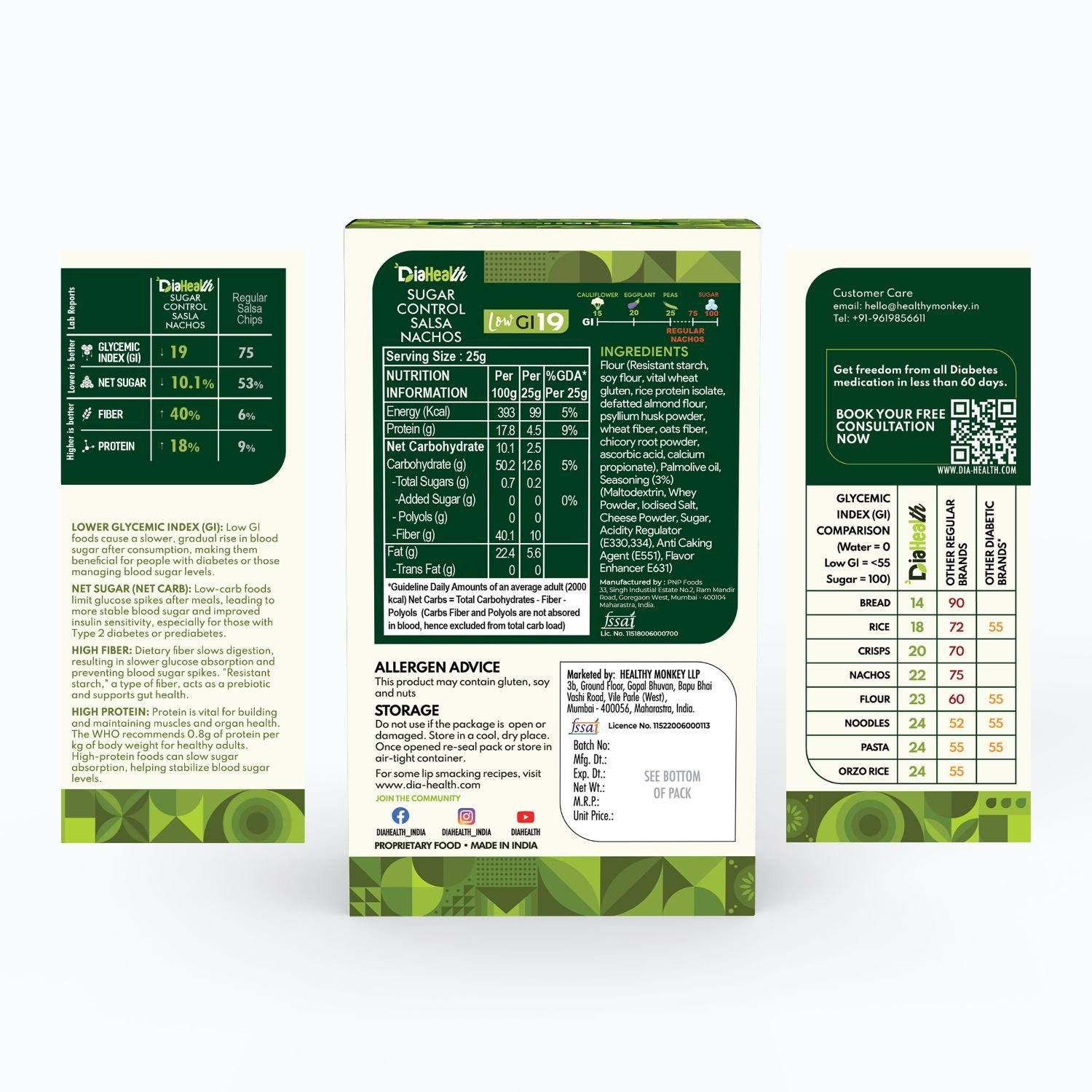 Low GI nachos, DiaHealth salsa nachos, sugar control snack, diabetic-friendly chips, high fiber nachos, healthy nutrition label, low carb chips, glycemic index 19