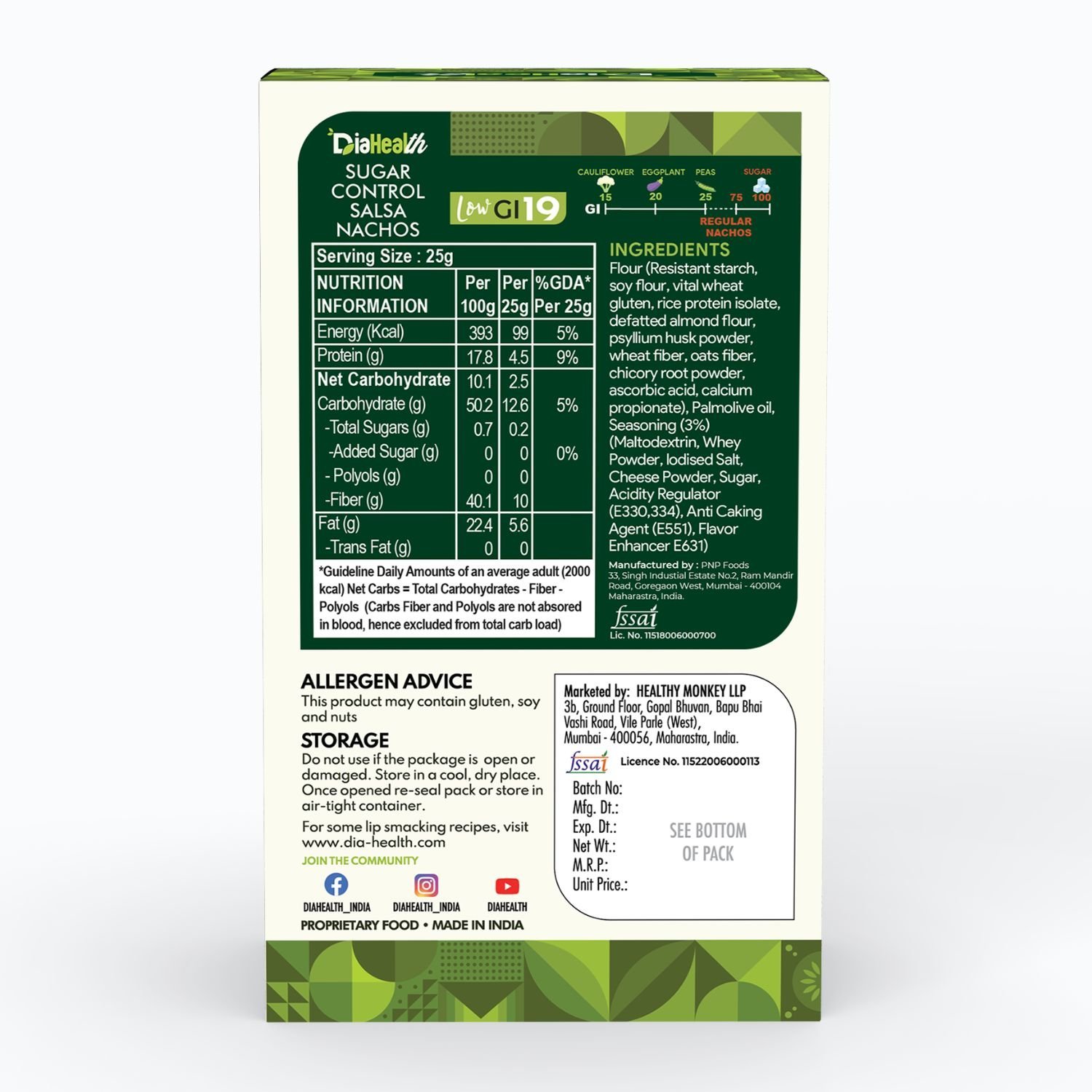 Low GI nachos, DiaHealth salsa nachos, sugar control chips, diabetic-friendly snack, high fiber nachos, net carb 1g, clinically tested snack, healthy nachos India.