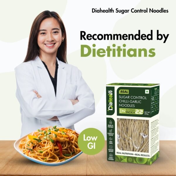 Smiling dietitian recommending Diahealth Sugar Control Chilli-Garlic Noodles – low glycemic index, diabetic-friendly, high fiber noodles