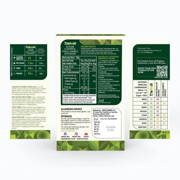 Diahealth Sugar Control Chilli-Garlic Noodles back-of-pack with nutrition facts, low GI 22, high fiber, diabetic-friendly ingredients and cooking instructions