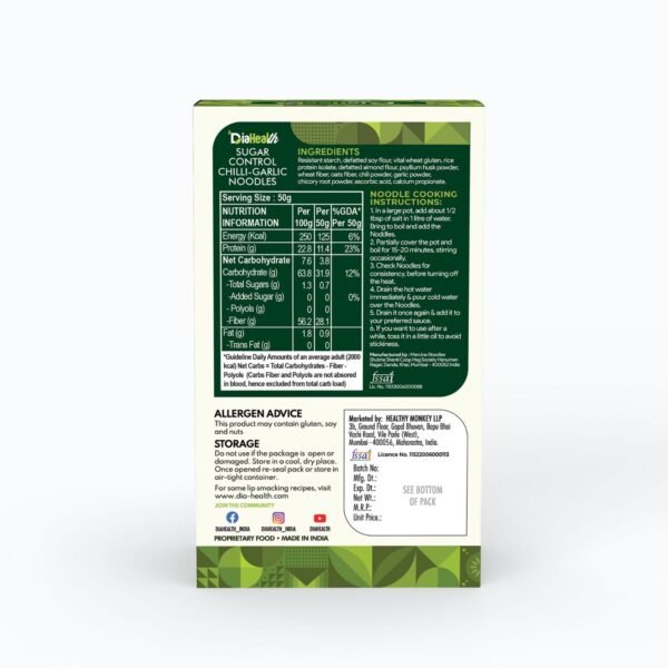 Diahealth Sugar Control Chilli-Garlic Noodles back label with nutrition facts, low GI 22, high fiber, protein content, diabetic-friendly ingredients and cooking instructions