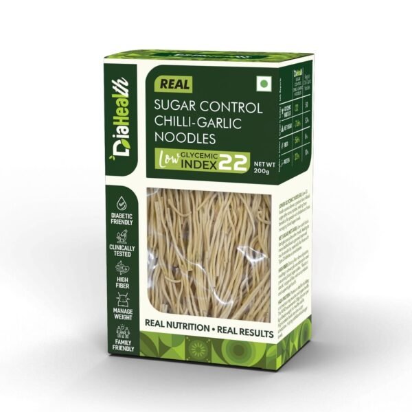 Low GI noodles, DiaHealth chilli garlic noodles, sugar control pasta, diabetic-friendly noodles, high fiber noodles, net carb 3.8g, clinically tested food, healthy noodles India.