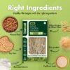 Diahealth Sugar Control Noodles box with low glycemic index 22, surrounded by key ingredients: almond flour, soy flour, resistant starch, psyllium husk, rice protein, wheat protein and wheat fiber, with text 'Right Ingredients - Healthy life begins with the right ingredients' on green background