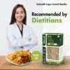 Confident female dietitian in white coat standing with arms crossed beside Diahealth Sugar Control Noodles package and a plate of cooked noodles, with text 'Recommended by Dietitians' and 'Low GI' badge.