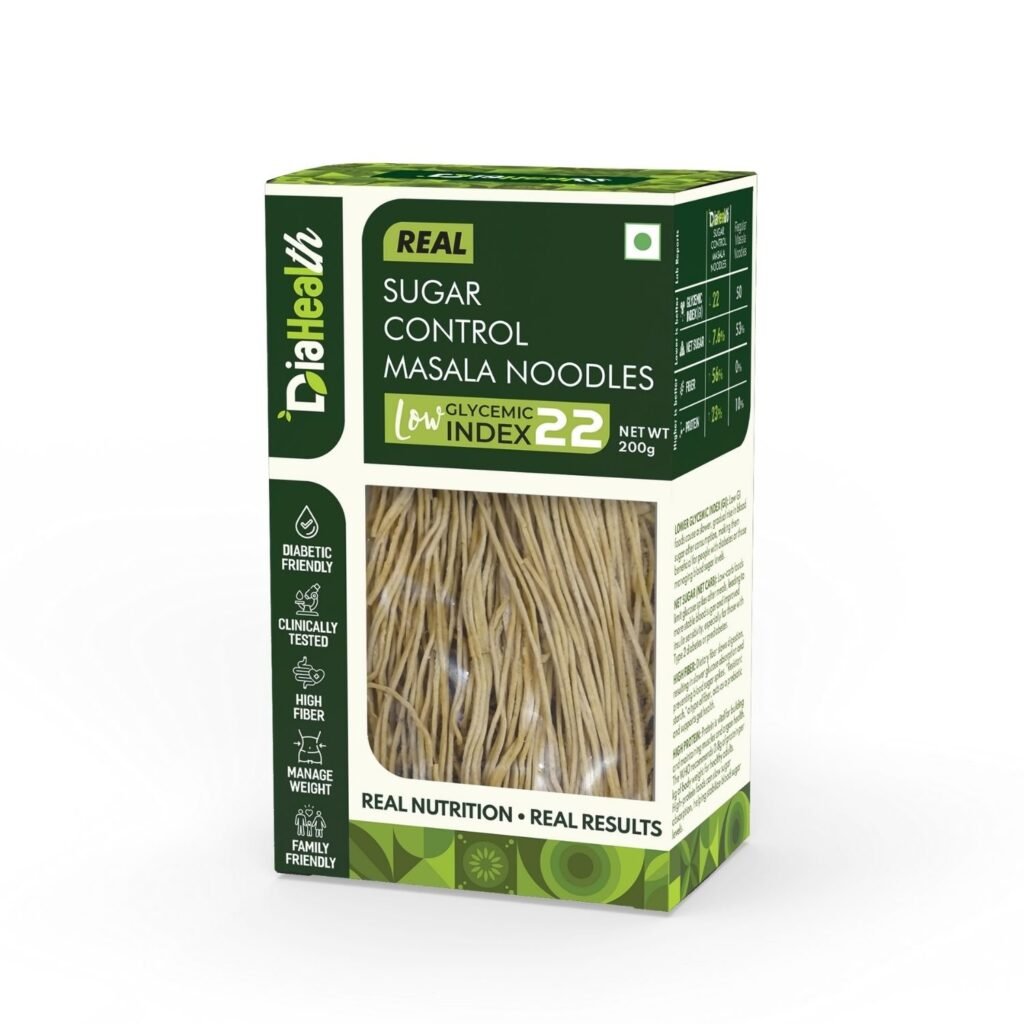 Diahealth Sugar Control Masala Noodles front pack with Low GI 22, diabetic-friendly, high fiber, high protein, low carb noodles for diabetes and weight management