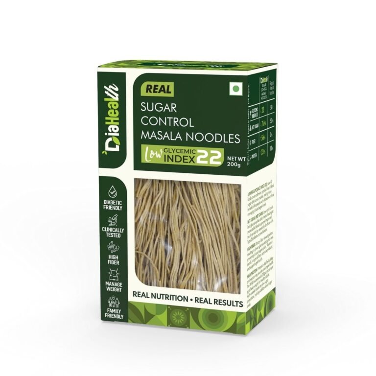 Diahealth Sugar Control Masala Noodles front pack with Low GI 22, diabetic-friendly, high fiber, high protein, low carb noodles for diabetes and weight management