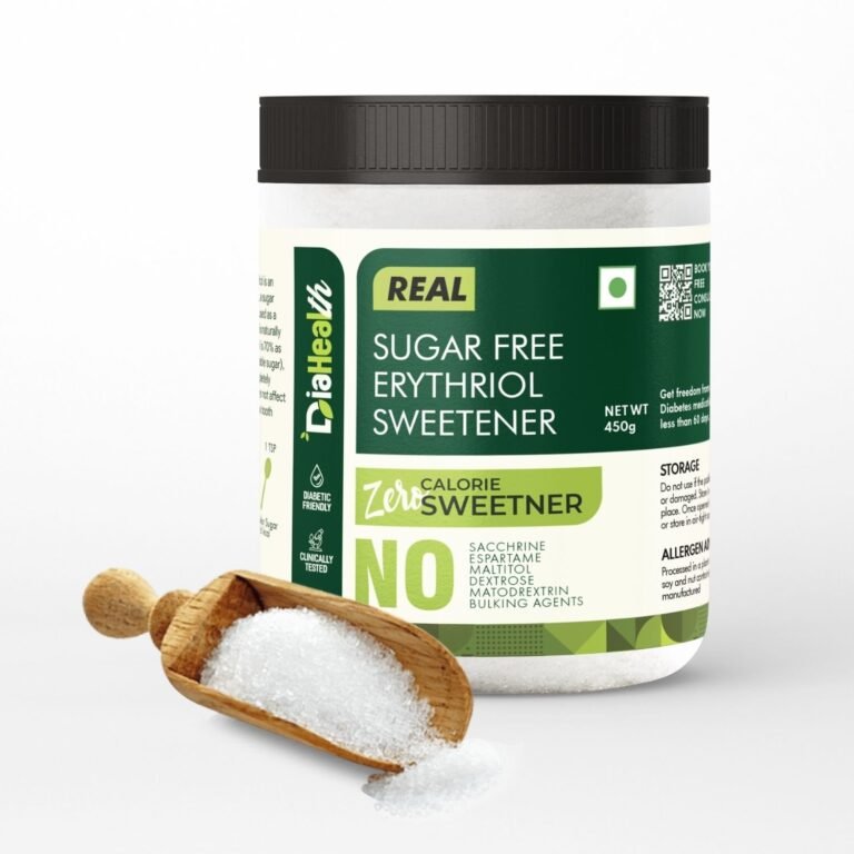 Diahealth Sugar Free Erythritol Sweetener with wooden scoop – zero calorie, diabetic-friendly sugar substitute