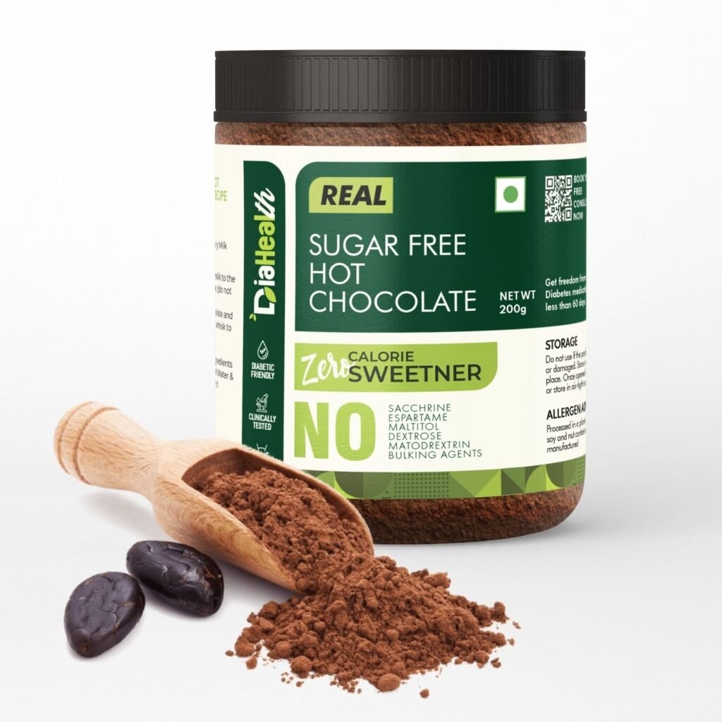 Diahealth Sugar Free Hot Chocolate jar with cocoa powder scoop and cocoa beans, zero calorie sweetener, diabetic-friendly, low glycemic index, sugar-free chocolate drink powder, healthy hot cocoa mix, natural ingredients, wellness beverage.