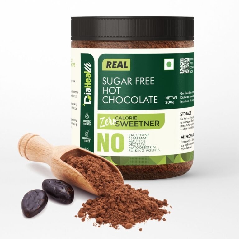 Diahealth Sugar Free Hot Chocolate jar with cocoa powder scoop and cocoa beans, zero calorie sweetener, diabetic-friendly, low glycemic index, sugar-free chocolate drink powder, healthy hot cocoa mix, natural ingredients, wellness beverage.
