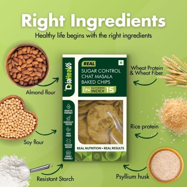 Diahealth Sugar Control Chat Masala Baked Chips box surrounded by ingredients including almond flour, soy flour, resistant starch, psyllium husk, rice protein, and wheat protein & fiber, highlighting right ingredients for healthy life.