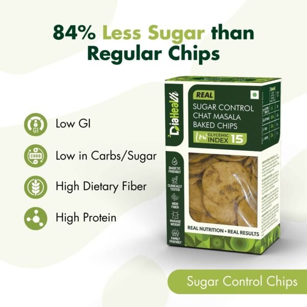 Diahealth Sugar Control Chat Masala Baked Chips box with text highlighting 84% less sugar than regular chips, featuring low glycemic index, low carbs and sugar, high dietary fiber, and high protein benefits.
