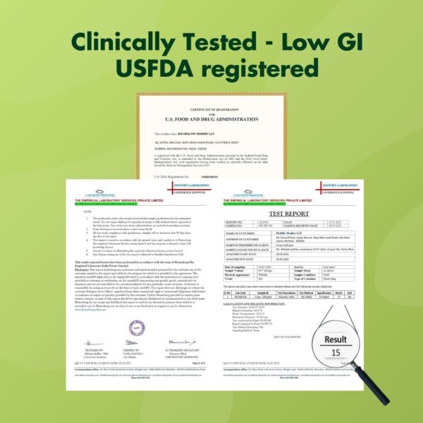 USFDA registration certificate and clinical test report for Diahealth Sugar Control Chips, showing low Glycemic Index (GI) result of 15, verified by The Empirical Laboratory Services Private Limited and Doctors Laboratory.
