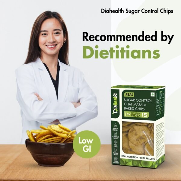 Dietitian recommending Diahealth Sugar Control Chat Masala Baked Chips. Product box with low glycemic index label and a bowl of baked chips on a wooden table. Emphasizes diabetic-friendly, low GI snack option.
