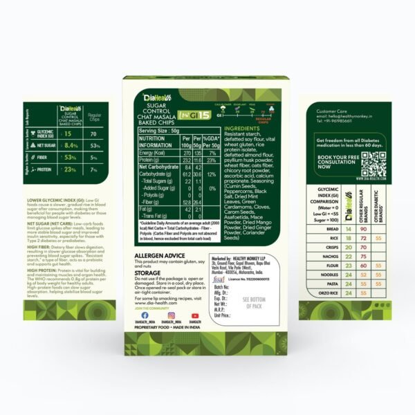 Diahealth Sugar Control Chat Masala Baked Chips product packaging showing front, back, and side panels. Includes nutritional information, ingredients, allergen advice, glycemic index comparison chart, and customer care details. Low GI, high fiber, high protein baked chips for diabetes-friendly snacking.
