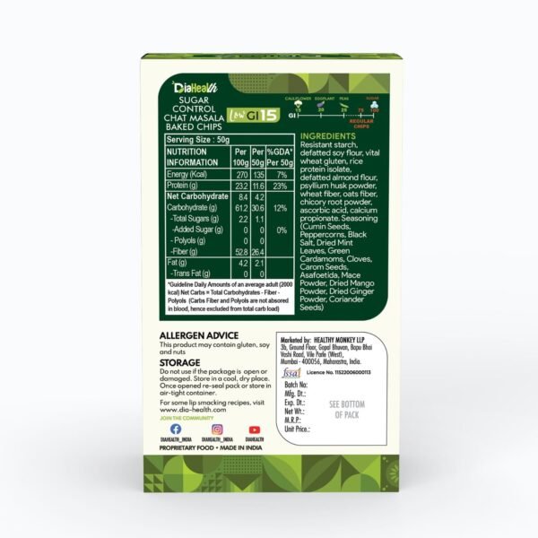 Diahealth Sugar Control Chat Masala Baked Chips nutrition facts and ingredients panel, showing serving size 50g, low glycemic index 15, allergen advice, storage instructions, and company details.