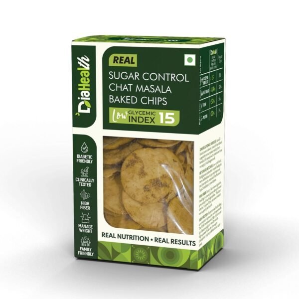 Diahealth Sugar Control Chat Masala Baked Chips box with transparent window showing round baked chips, low glycemic index 15, diabetic friendly, clinically tested, high fiber, weight management, family friendly.