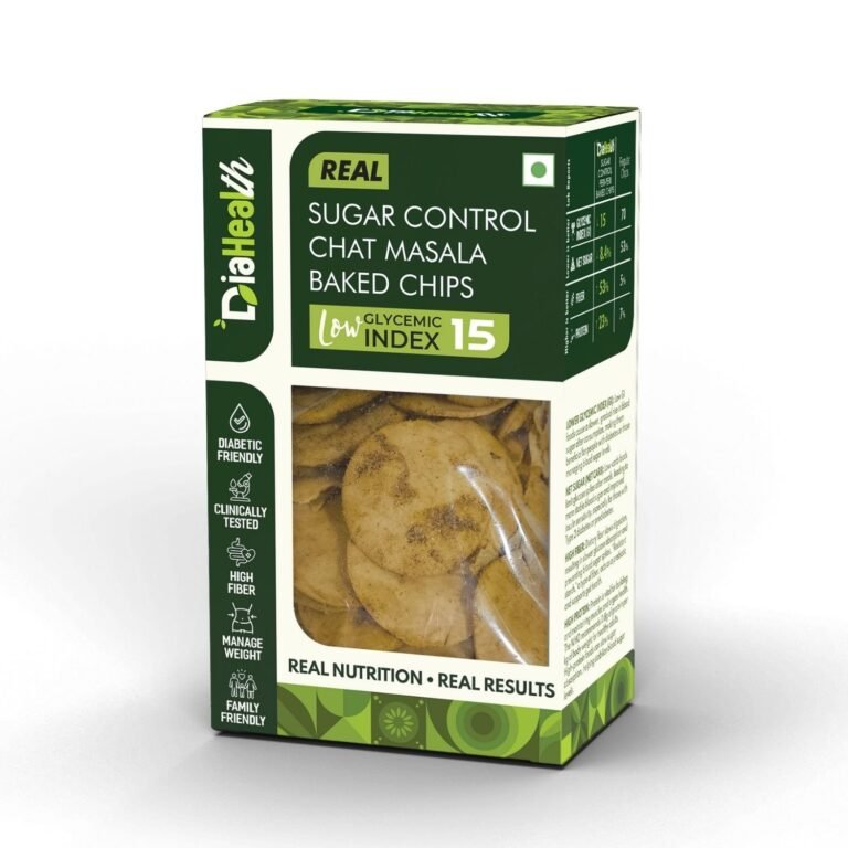 Diahealth Sugar Control Chat Masala Baked Chips box with transparent window showing round baked chips, low glycemic index 15, diabetic friendly, clinically tested, high fiber, weight management, family friendly.