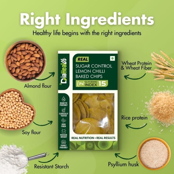 Diahealth Sugar Control Lemon Chilli Baked Chips with right ingredients including almond flour, soy flour, resistant starch, psyllium husk, rice protein, wheat protein, and wheat fiber, promoting healthy life with low glycemic index.