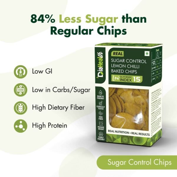Diahealth Sugar Control Lemon Chilli Baked Chips box with 84% less sugar than regular chips, featuring low glycemic index, low carbs and sugar, high dietary fiber, and high protein benefits.