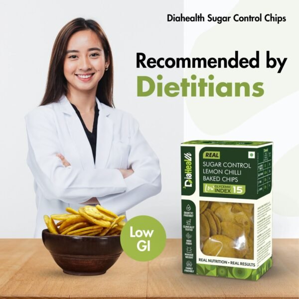 Female dietitian recommending Diahealth Sugar Control Lemon Chilli Baked Chips with low glycemic index GI 15, shown with a bowl of chips on a wooden table
