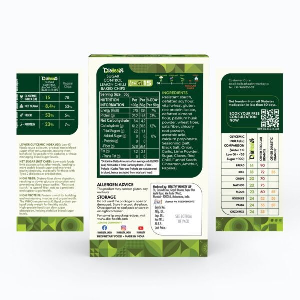Diahealth Sugar Control Lemon Chilli Chips back panel showing GI 15, detailed nutritional facts, low sugar comparison chart, ingredients like almond flour and psyllium husk, and glycemic index values of common foods