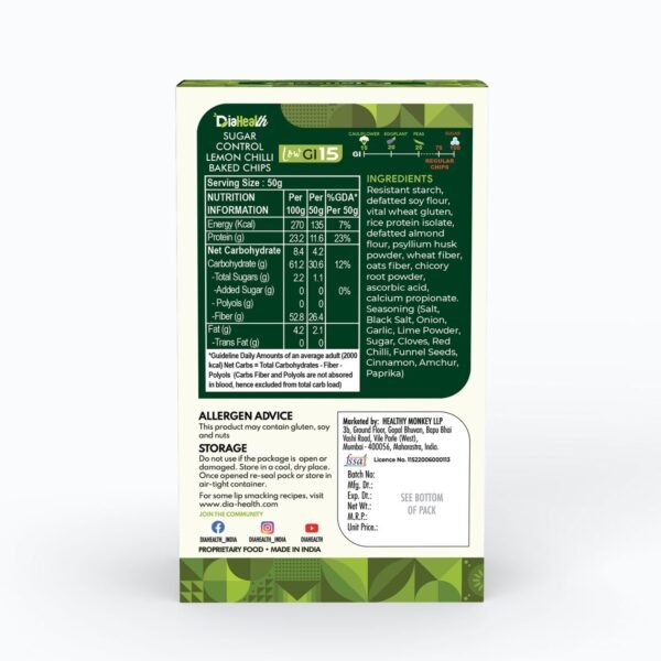 Back of Diahealth Sugar Control Lemon Chilli Baked Chips pack showing nutrition facts, low GI 15, ingredients including resistant starch, almond flour, psyllium husk, and allergen advice