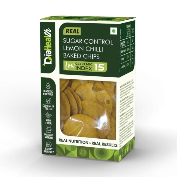 Diahealth Sugar Control Lemon Chilli Baked Chips box showing low glycemic index 15, diabetic friendly, clinically tested, high fiber, manage weight, and family friendly product attributes.
