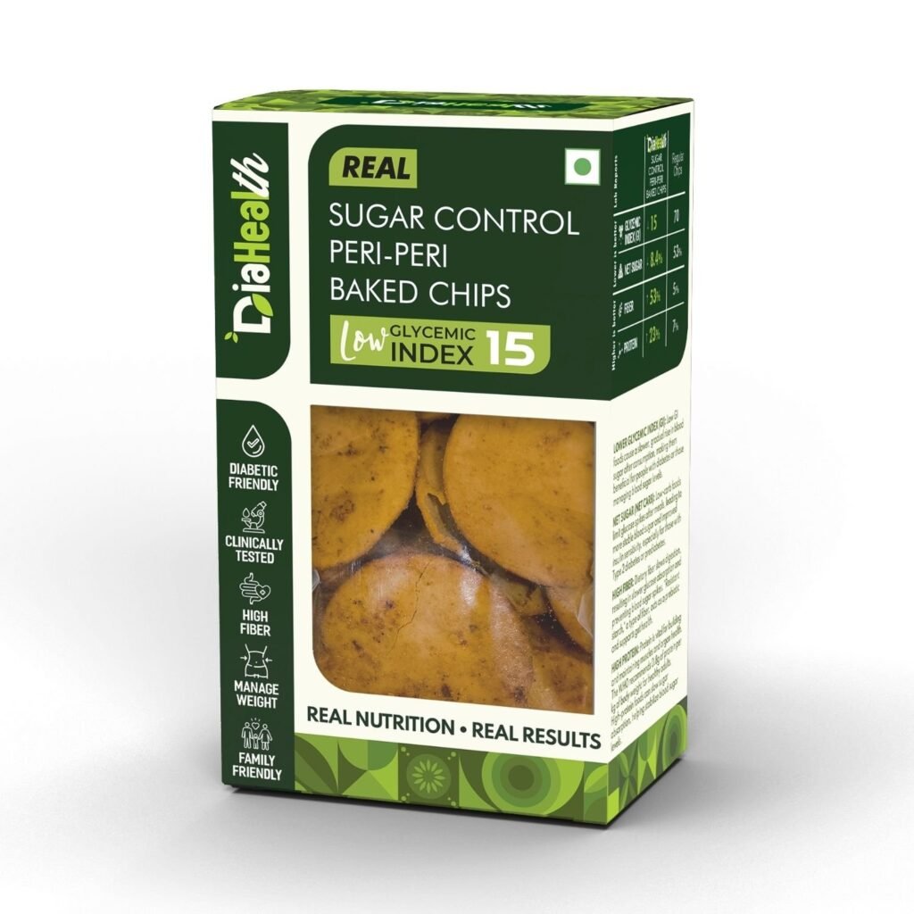 Diahealth Sugar Control Peri-Peri Baked Chips box front view with low glycemic index 15, high fiber, diabetic-friendly, and clinically tested health snack