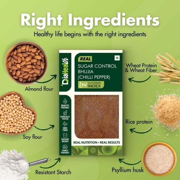 Diahealth Sugar Control Bhujia Chilli Pepper – low GI snack made with almond flour, soy flour, resistant starch, wheat protein, rice protein, psyllium husk – diabetic-friendly healthy ingredients