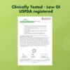 Diahealth Sugar Control Bhujia clinical test certificate showing low glycemic index and USFDA registration