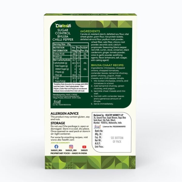 Back label of Diahealth Sugar Control Bhujia Chilli Pepper – nutrition facts, ingredients, bhujia chaat recipe, allergen advice