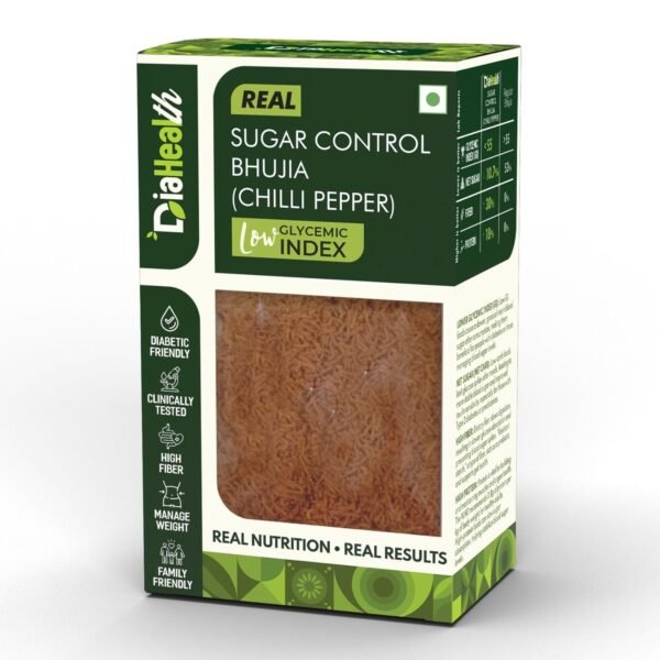 Diahealth Sugar Control Bhujia Chilli Pepper pack – low glycemic index snack for diabetics with high fiber, high protein, and low sugar – diabetic-friendly healthy namkeen