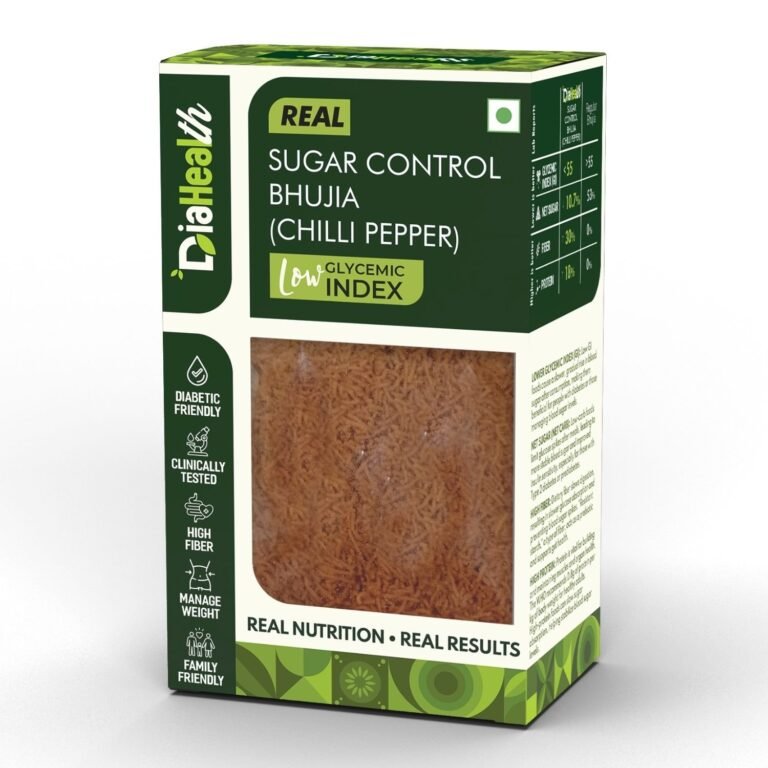 Diahealth Sugar Control Bhujia Chilli Pepper pack – low glycemic index snack for diabetics with high fiber, high protein, and low sugar – diabetic-friendly healthy namkeen