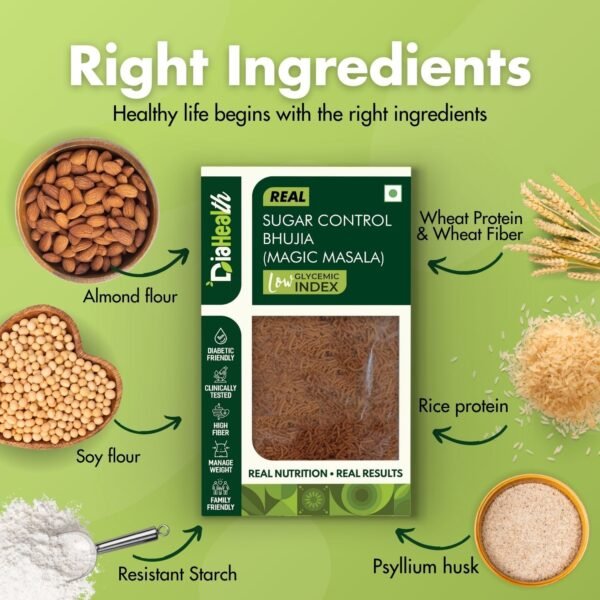 Diahealth Sugar Control Bhujia ingredients – almond flour, soy flour, resistant starch, psyllium husk, wheat protein, rice protein