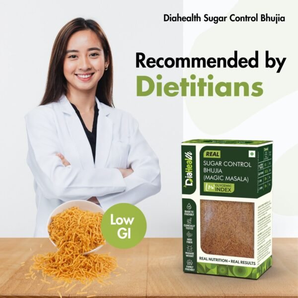 Female dietitian recommending Diahealth Sugar Control Bhujia Magic Masala – low GI snack with product pack and bhujia bowl on table