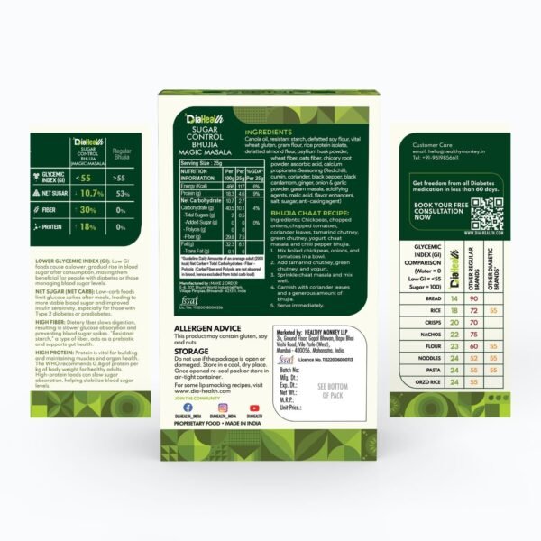 Diahealth Sugar Control Bhujia Magic Masala – full back packaging with nutrition facts, GI chart, ingredients, chaat recipe, and diabetes reversal QR code