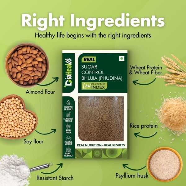 Diahealth Sugar Control Bhujia made with almond flour, soy flour, rice protein, resistant starch, wheat fiber, and psyllium husk – low GI diabetic-friendly snack