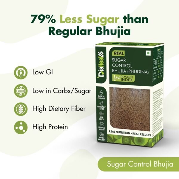 Diahealth Sugar Control Bhujia with 79% less sugar than regular bhujia – low GI, high fiber, high protein diabetic-friendly snack