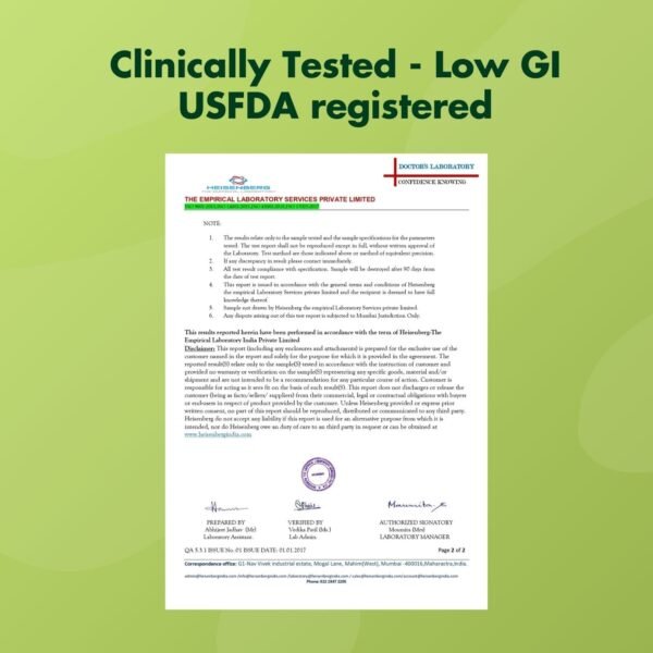 Diahealth Sugar Control Bhujia clinically tested low GI certificate – USFDA registered laboratory validation