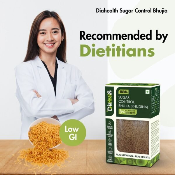Smiling dietitian recommending Diahealth Sugar Control Bhujia Phudina – Low GI diabetic-friendly snack on table