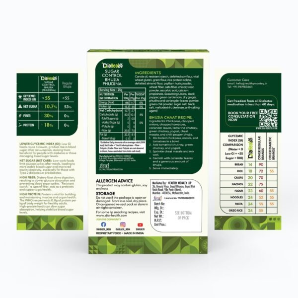 Diahealth Sugar Control Bhujia Phudina pack – nutrition facts, ingredients, GI comparison chart, benefits